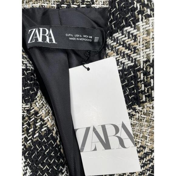 NWT ZARA Long Textured Check Blazer Ecru/Black 1 Button Closure Size Large - Picture 5 of 10